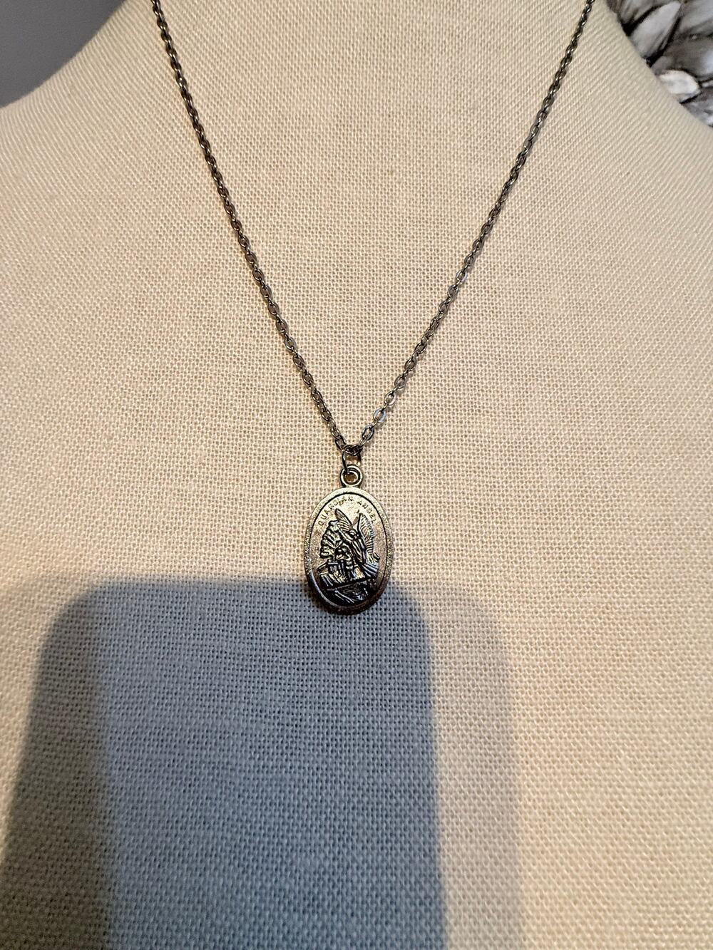 Vintage Guardian Angel Medal Necklace 20”